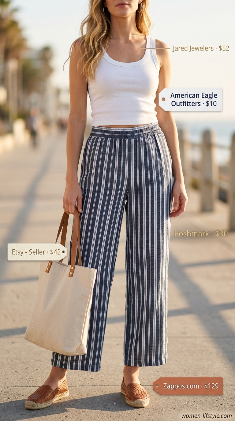 Striped summer palazzo pants outfit for 2026 seaside lunch: navy & white striped pants, white tank, tan espadrilles, canvas tote.