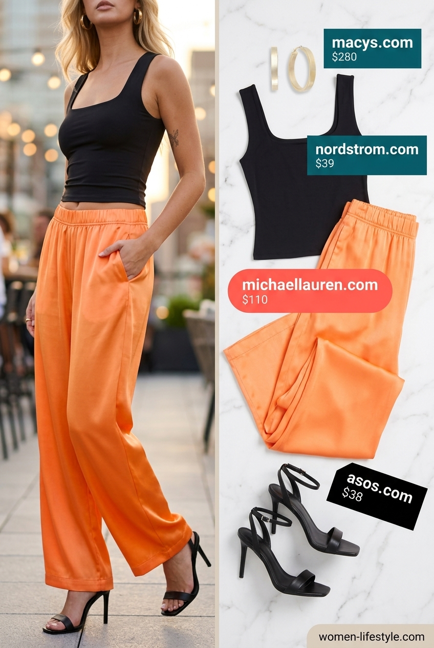Vibrant Mango Orange satin palazzo pants outfit for summer evening, paired with black crop top and gold accessories. What to Wear with Palazzo Pants Summer 2026.