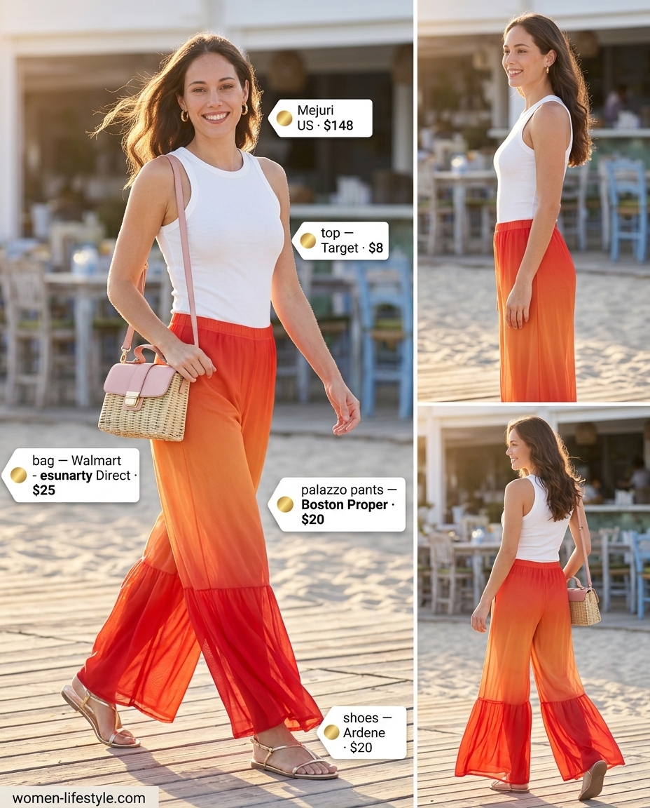 Sunset glow outfit: gradient palazzo pants, white tank, straw bag, flat sandals. What to wear with palazzo pants summer 2026.