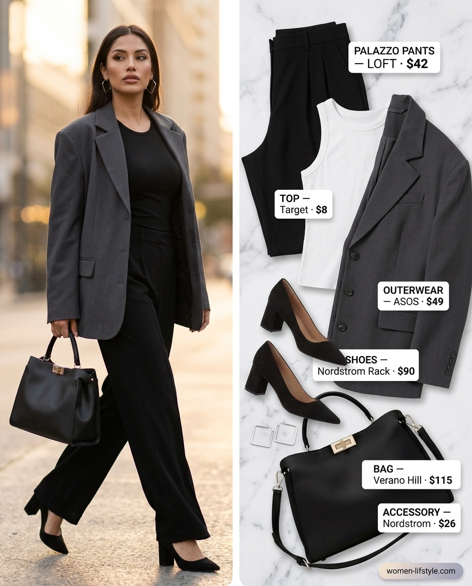 Urban oasis palazzo pants outfit for summer 2026 office casual: black tailored pants, white ribbed tank, blazer, block heels.