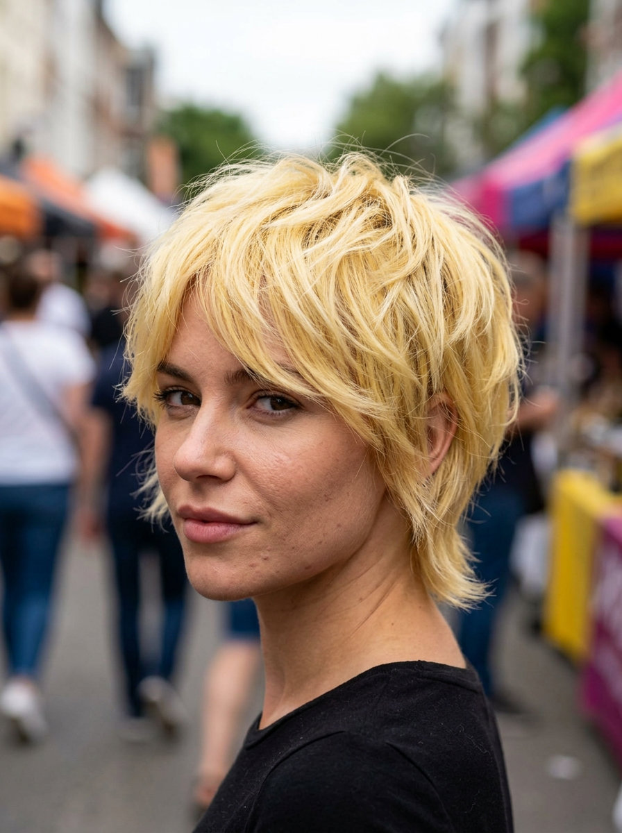 short pixie shag with vibrant yellow blonde, textured layers, tapered nape, piecey fringe — playful edgy look