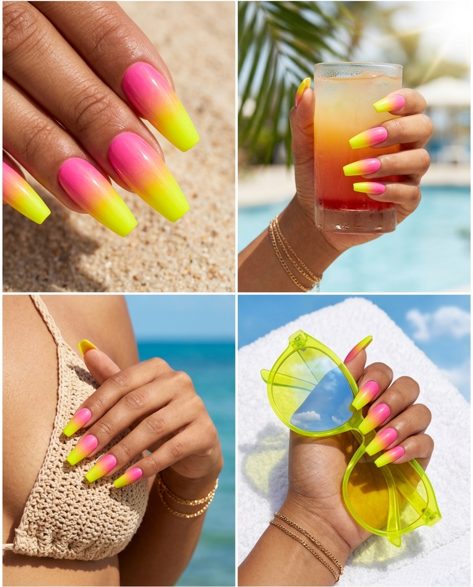 Airbrushed Neon Gradient nails: pink to neon yellow blend for festivals and statement looks 2026.