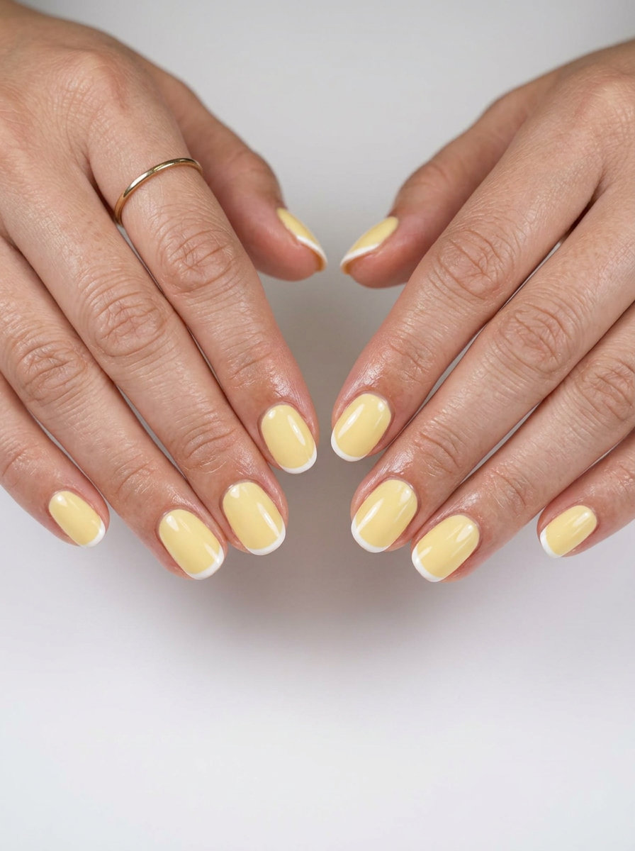 Butter yellow summer nails 2026 with a crisp white micro French tip for elegant daily wear.