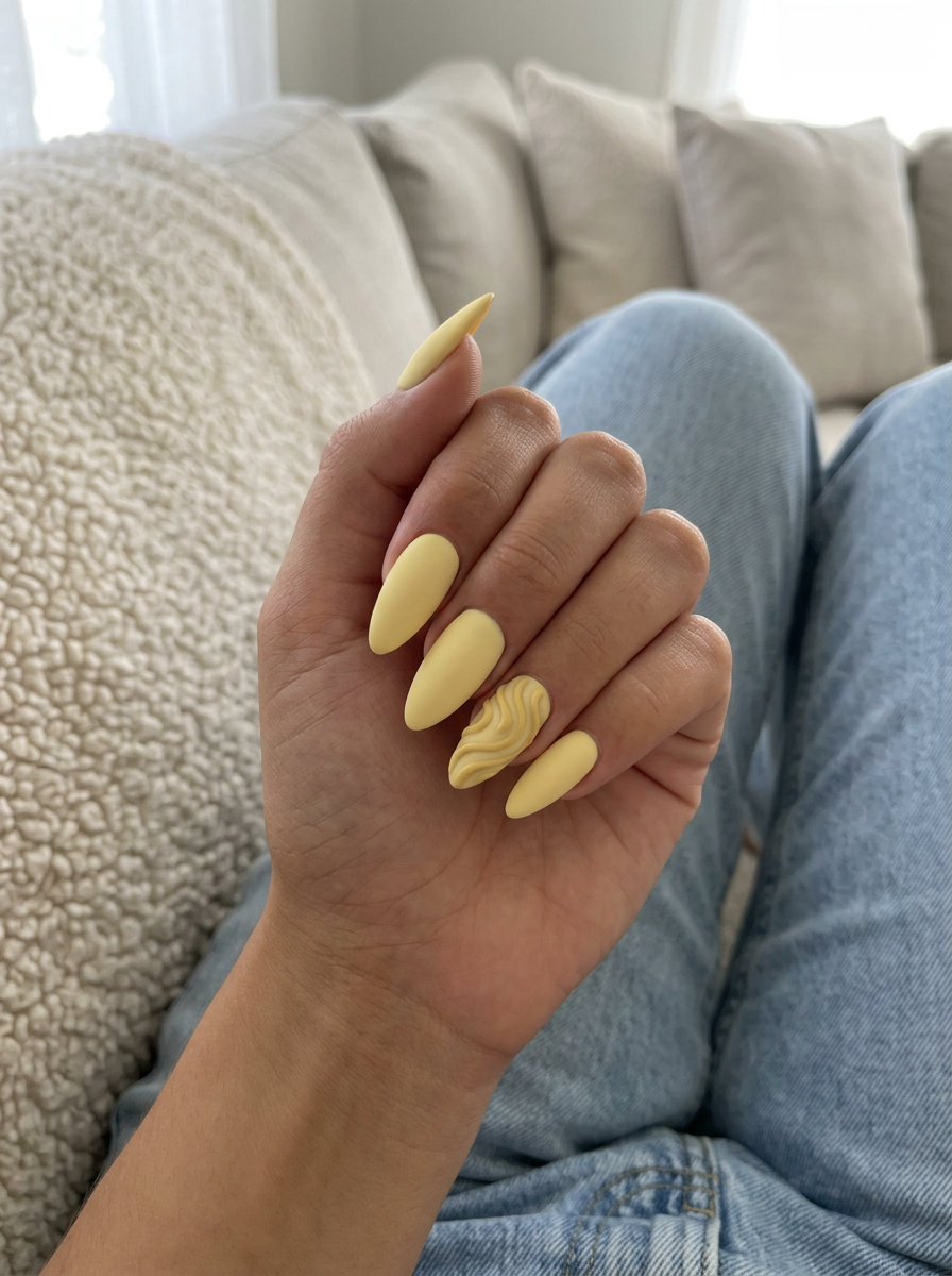 Butter Yellow Textured Swirls nails: matte yellow with raised muted yellow swirls for formal events 2026.