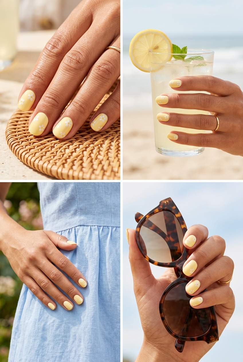 Decal pastel yellow summer nails for picnics 2026. Whimsical oval nails with floral fruit accents.