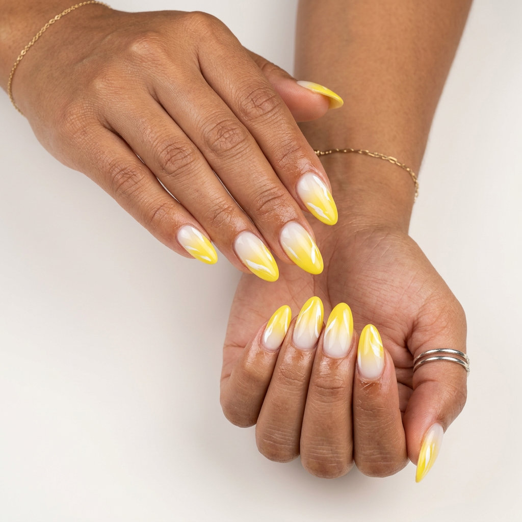 Lemon zest yellow summer nails 2026 with abstract white swirls for a bohemian vacation look.
