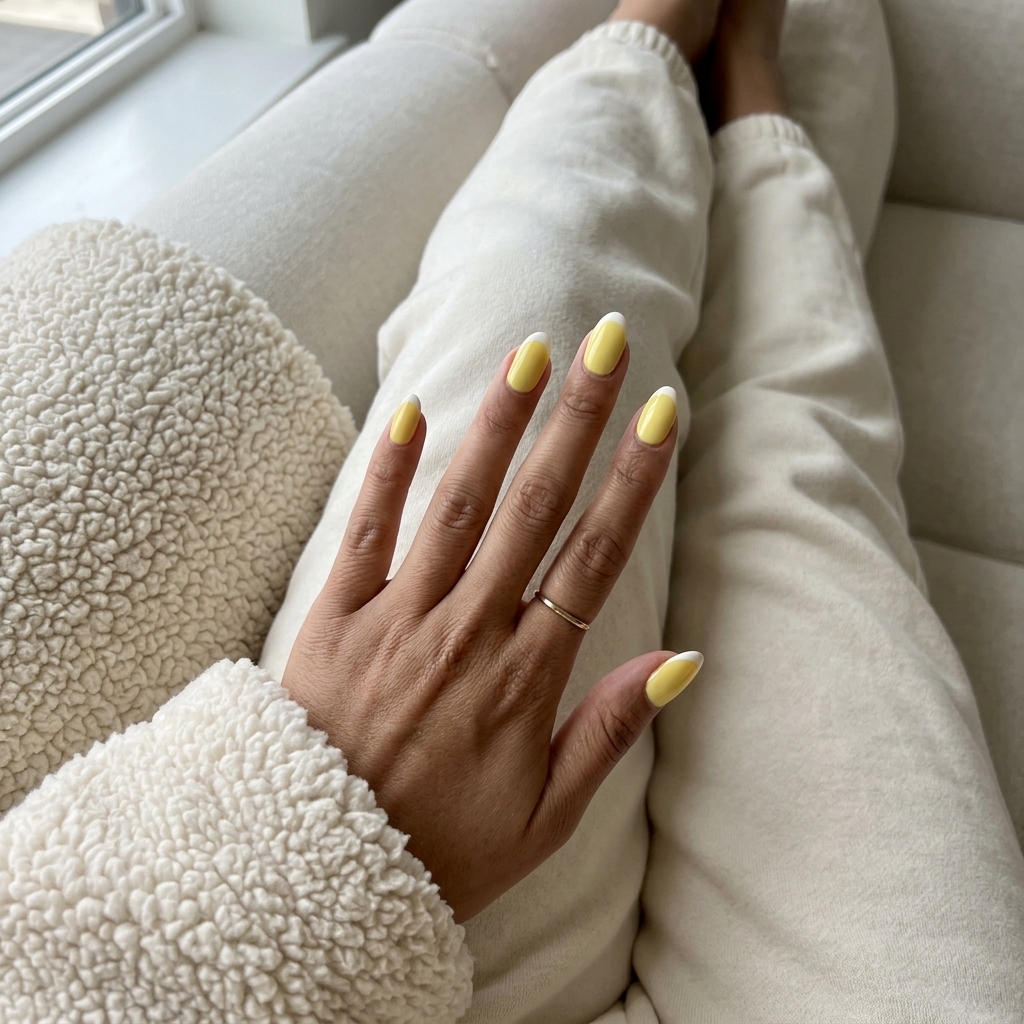 Lemon zest yellow summer nails 2026 with white reverse French tips for a playful chic look.