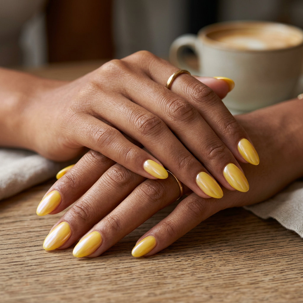 Lemon zest glazed donut nails for summer parties 2026. Glamorous stiletto nails with pearlescent shift.