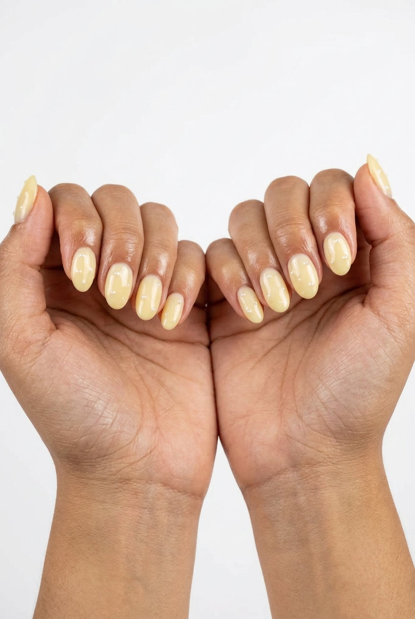 Pastel yellow milk bath nails for summer 2026, perfect for weddings and bridal showers.