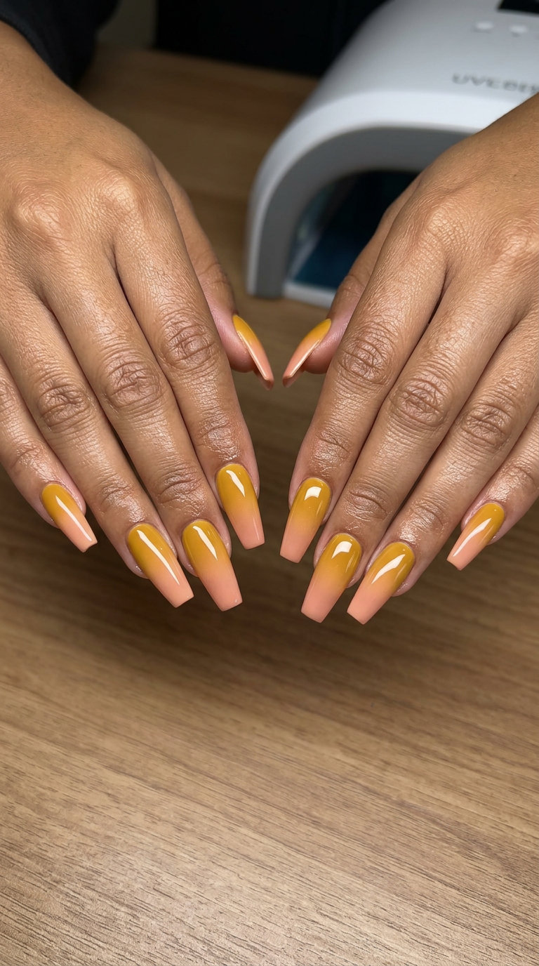 Mustard yellow and peachy pink summer nails 2026 with an airbrushed gradient sunset effect.