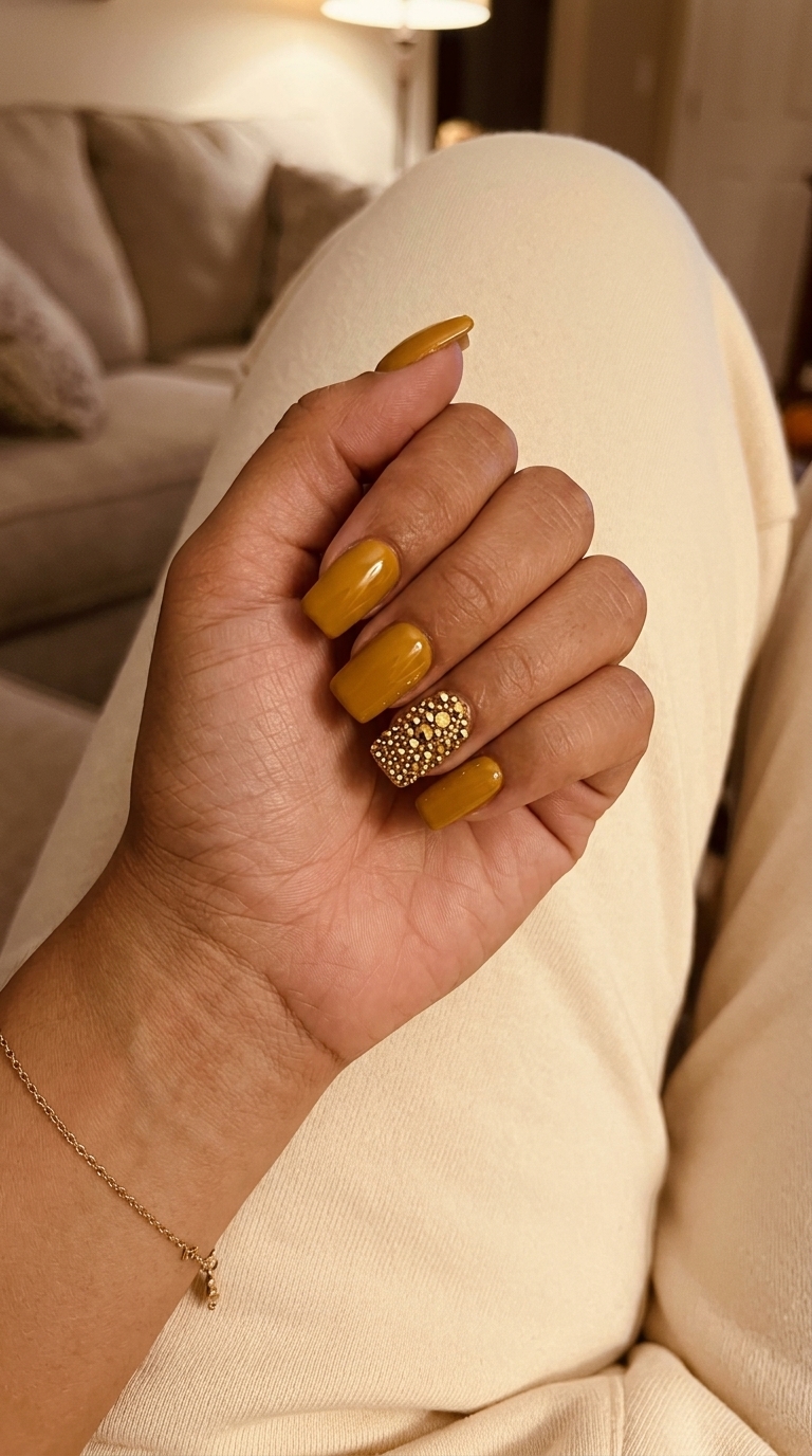 Golden mustard yellow summer nails 2026 with dazzling gold rhinestone accent for a glamorous party look.