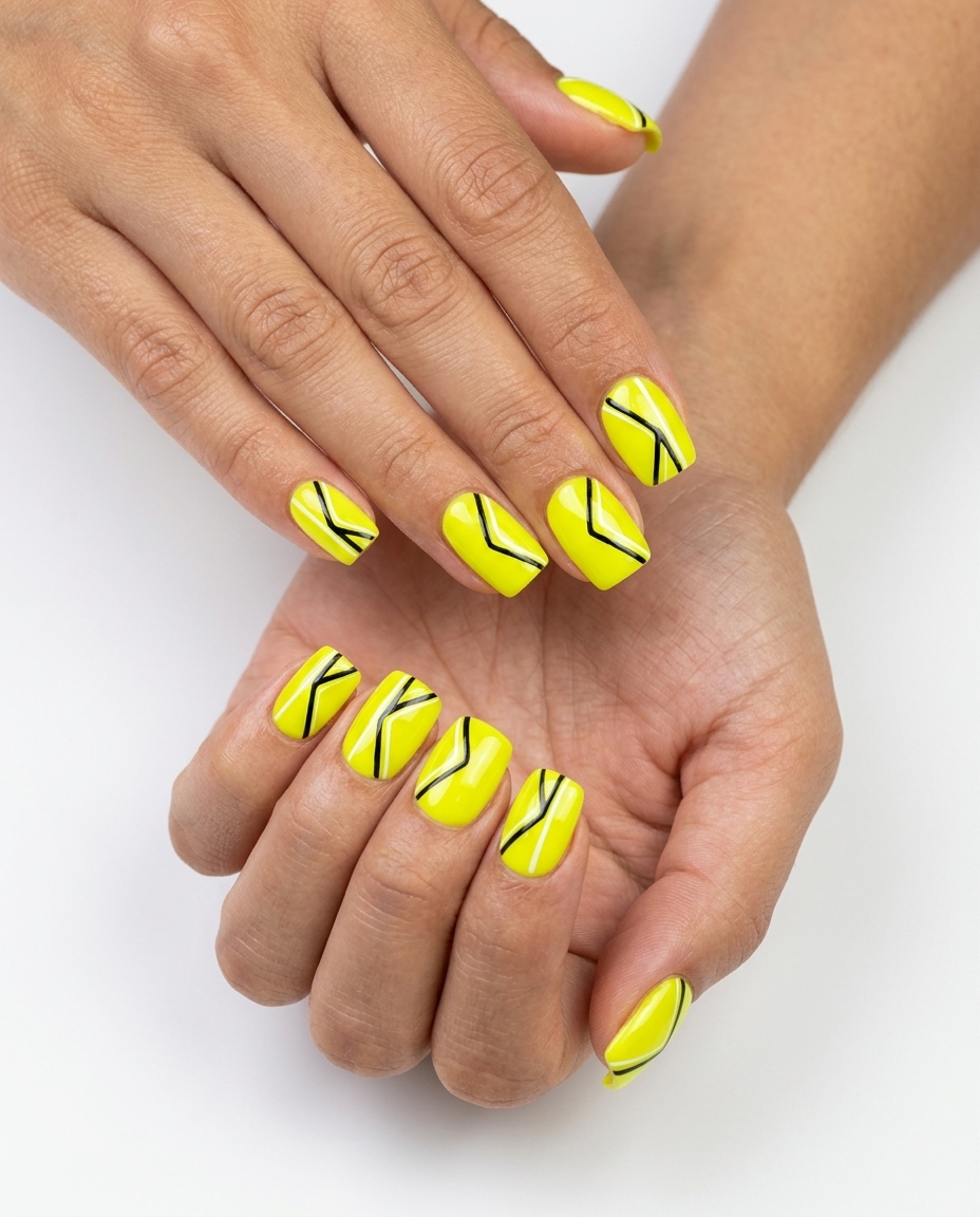 Neon yellow summer nails 2026 with bold black and white geometric lines for a night out.