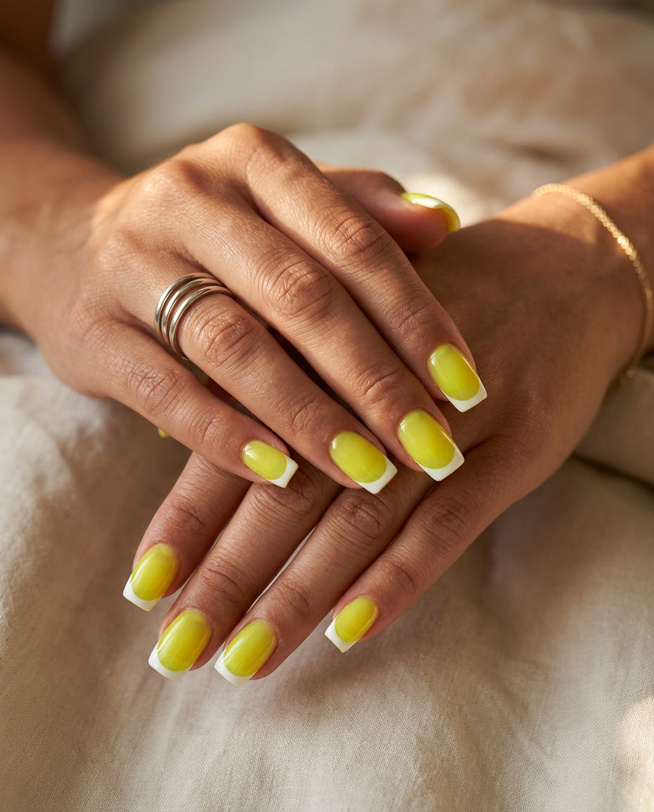 Neon Yellow Jelly French Tip nails: sheer neon yellow with white tips for festivals and parties 2026.