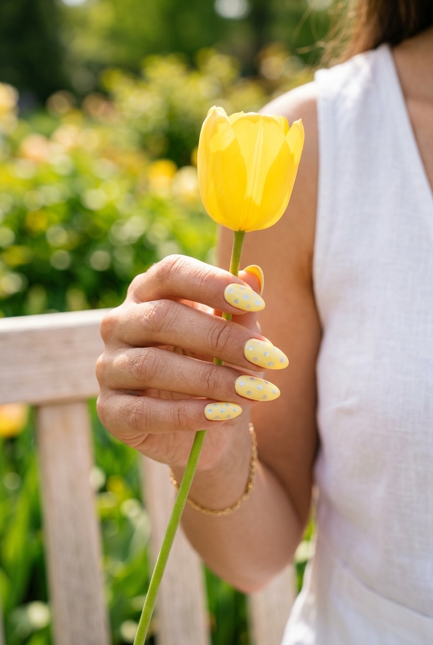 Pastel yellow summer nails 2026 with holographic dots for a whimsical casual look.