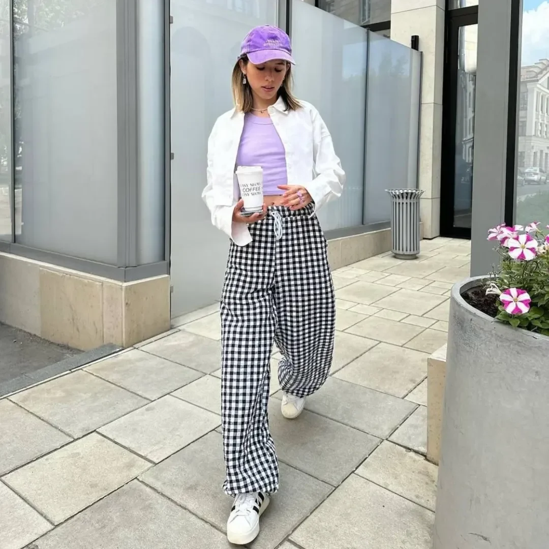 all pants outfits for women 2026 Soft Lavender and Gingham Pants That Feel Like a Weekend in the City