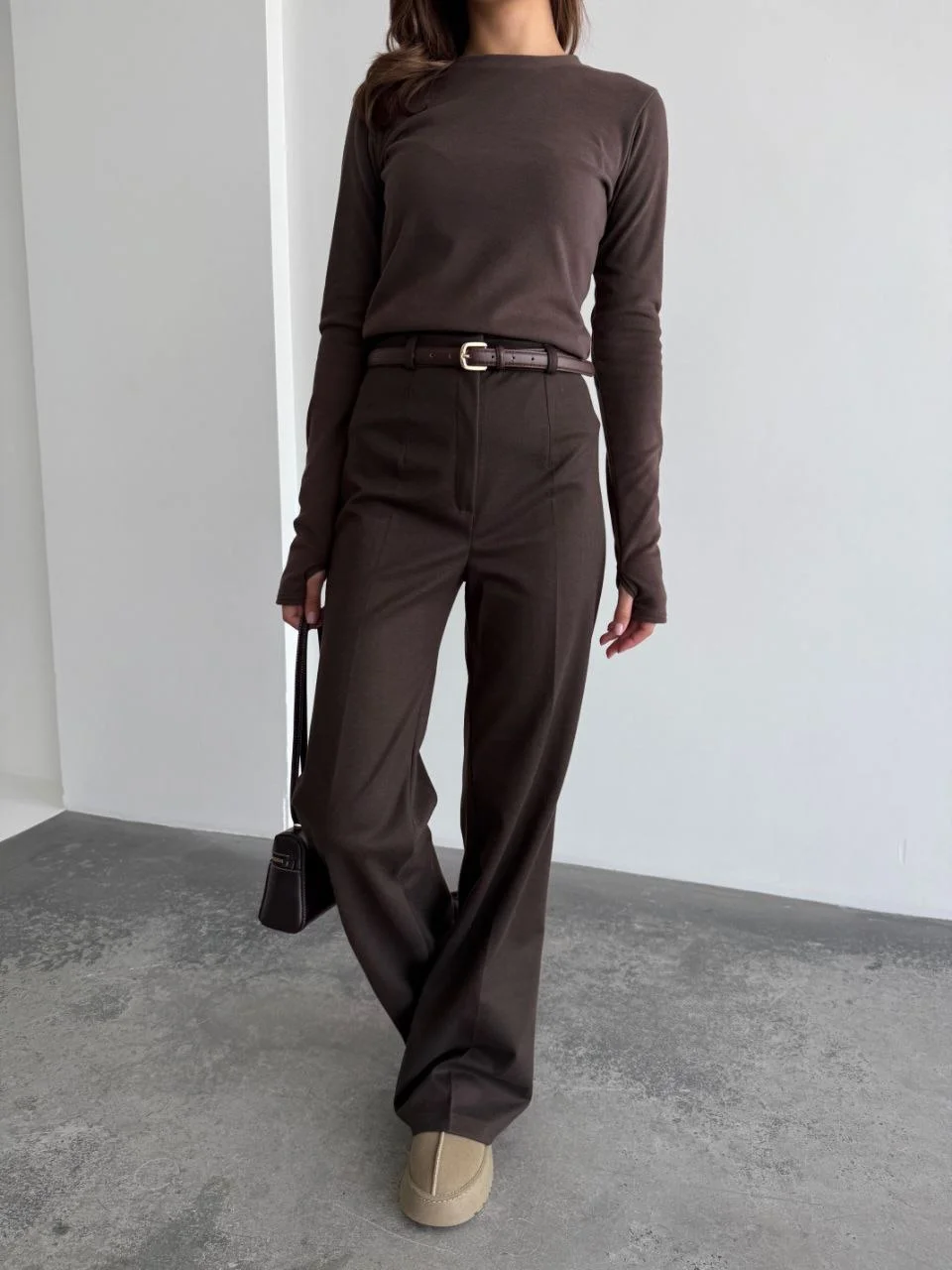 all pants outfits for women 2026 Chocolate Brown Minimalism with Relaxed Tailored Pants