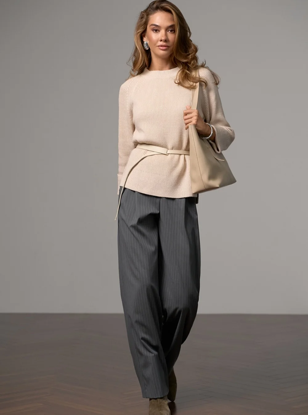 all pants outfits for women 2026 Pinstripe Grey Trousers with Soft Cream Knitwear
