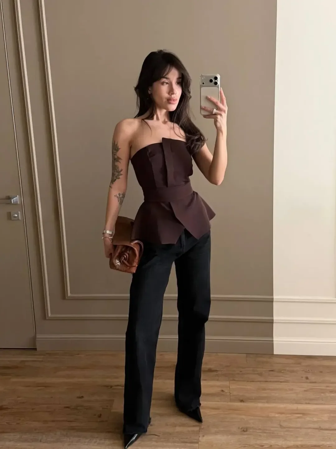 all pants outfits for women 2026 Dark Espresso Evening Look with Straight Leg Black Pants