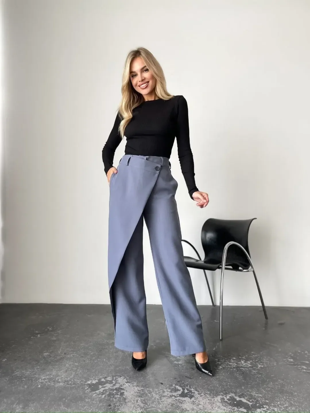 all pants outfits for women 2026 Soft Grey Wrap Pants with Minimalist Black Layers