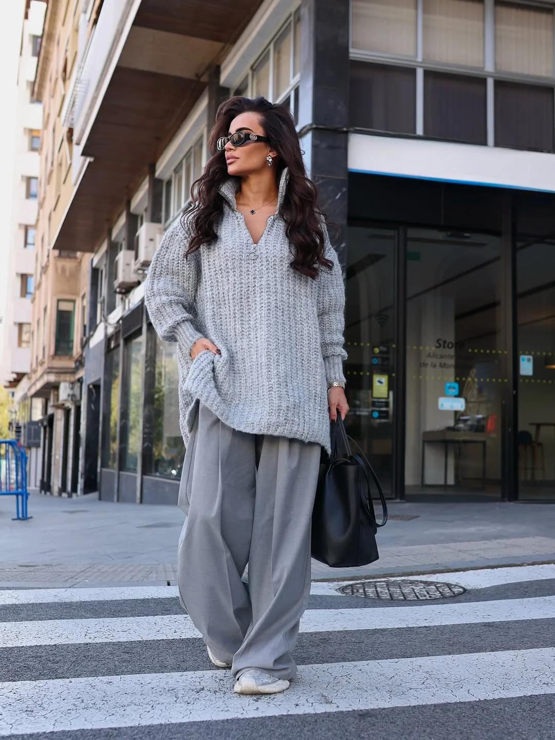 all pants outfits for women 2026 Oversized Grey Knitwear and Flowing Trousers for Quiet Luxury Energy
