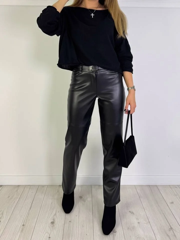 all pants outfits for women 2026 Black Leather Pants Styled with Relaxed Knitwear