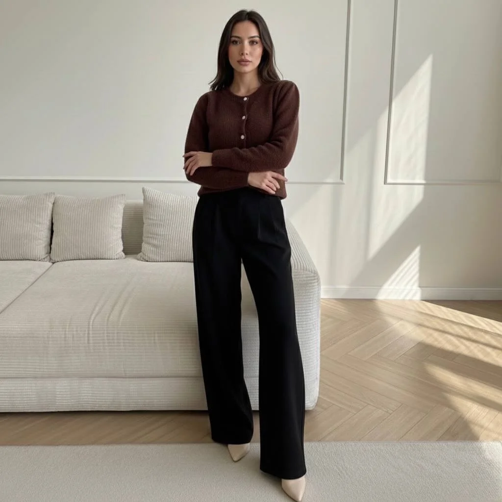 all pants outfits for women 2026 Dark Minimalism with Black Wide-Leg Pants and Chocolate Knitwear