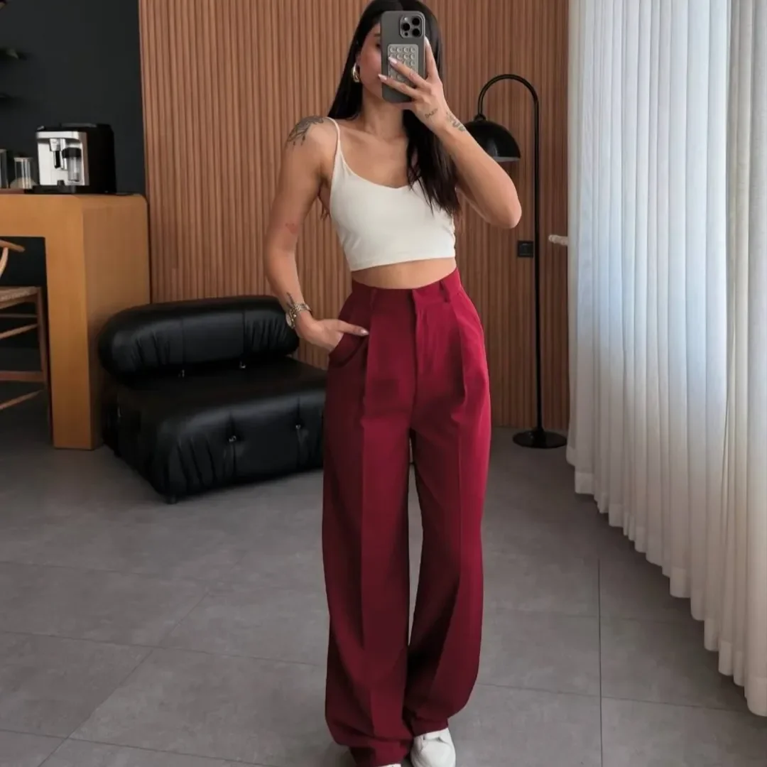 all pants outfits for women 2026 Burgundy Tailored Pants with a Minimal Sporty Twist