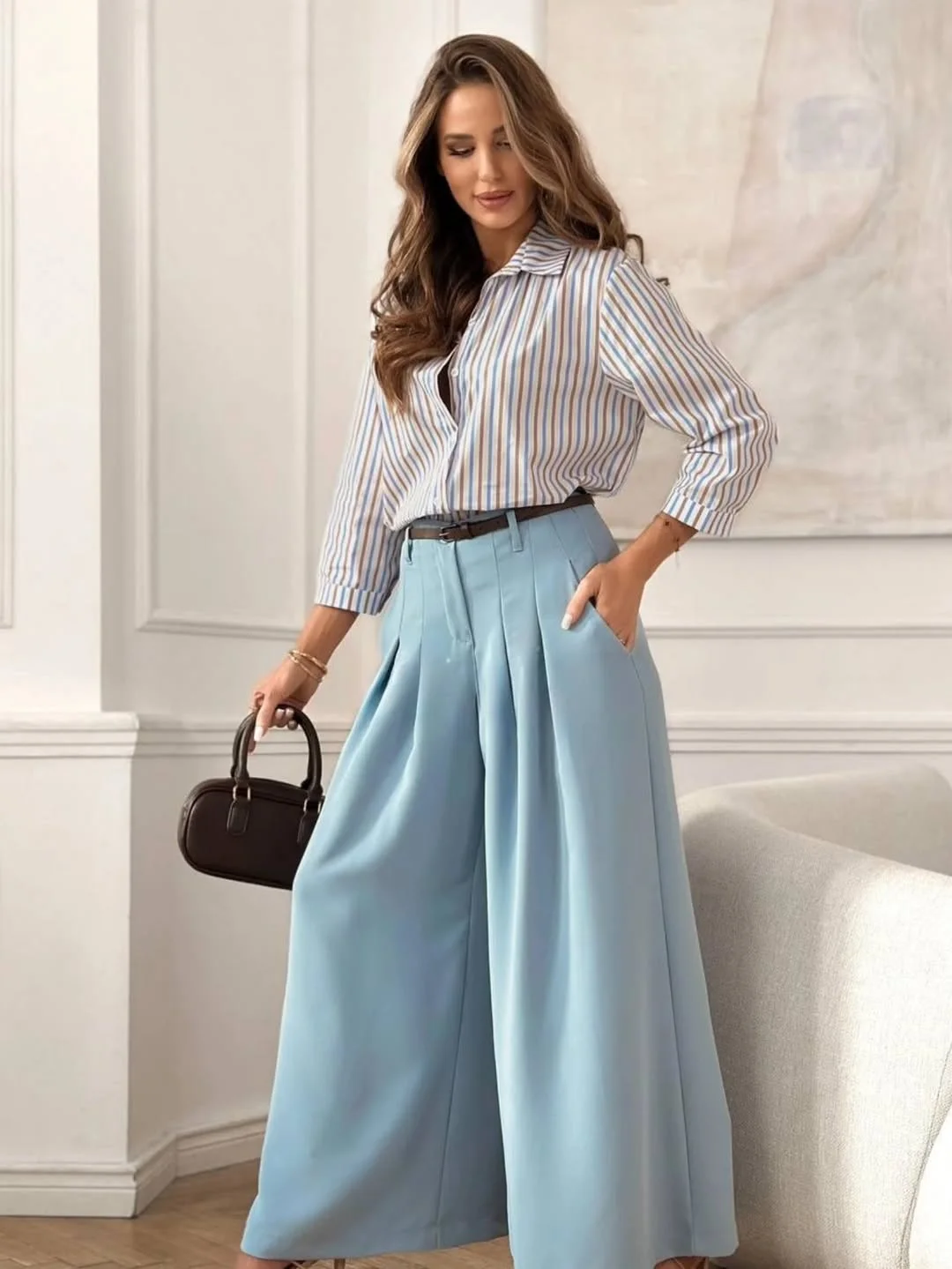 all pants outfits for women 2026 Powder Blue Wide-Leg Pants with Soft European Elegance