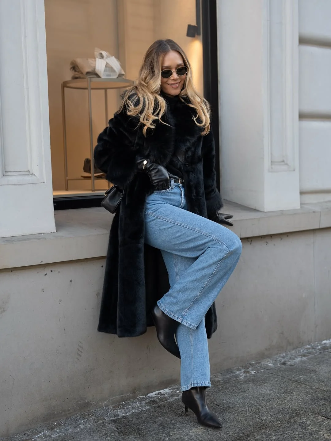 cozy chic fall outfits for 2026 Black Faux Fur and Denim - A Timeless Cold-Weather Favorite