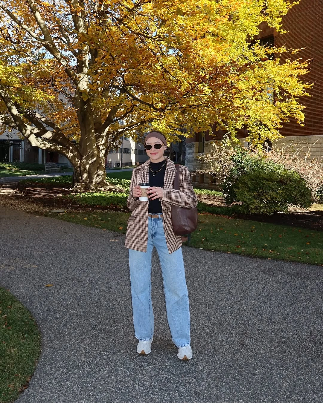early fall outfits 2026 Coffee Run Layers With a Timeless Checked Blazer