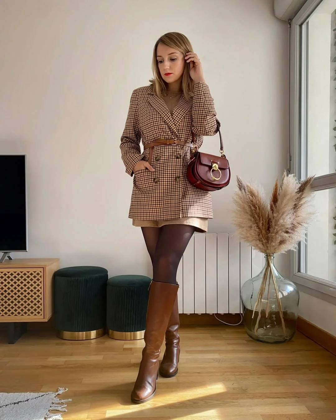Early fall outfits ideas 2026 Chocolate Checks And Tall Boots For The First Cool Mornings