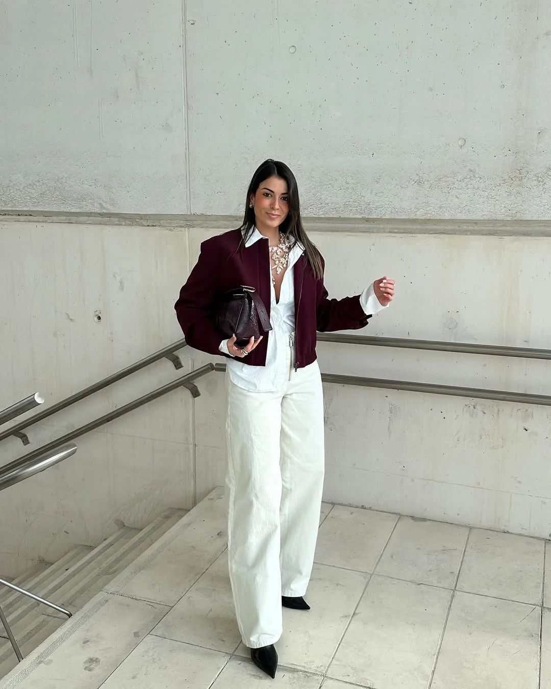 elegant fall office outfits 2026 Fresh White Denim With a Rich Burgundy Accent