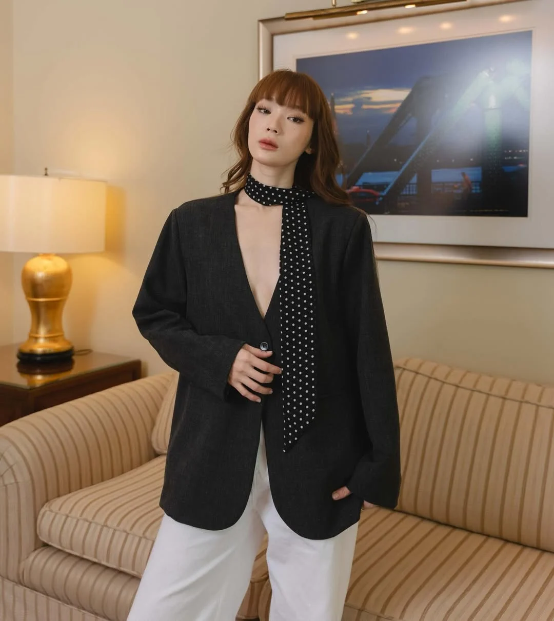 Fall blazer outfit inspo 2026 Dark Tailoring and Polka Dots With Parisian Energy