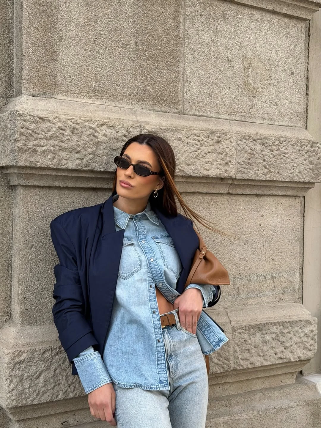 fall denim outfits for women 2026 Sharp Tailoring Mixed With Fitted Denim Shirt Styling