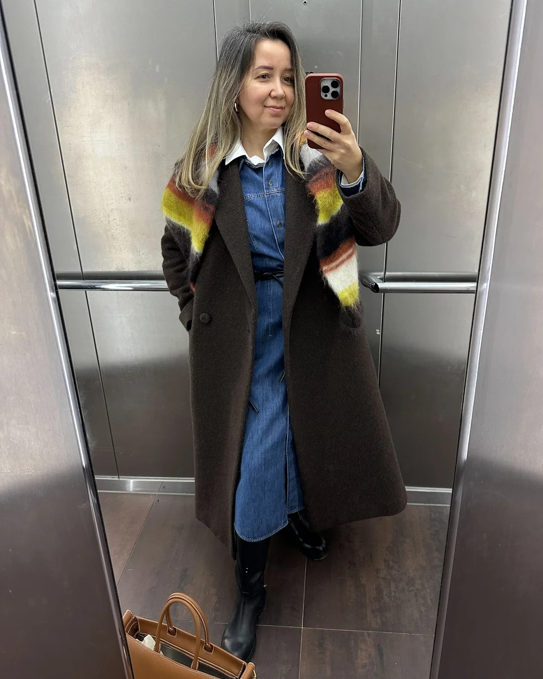 fall denim outfits for women 2026 Layered Denim Dress Styling With Long Wool Coats