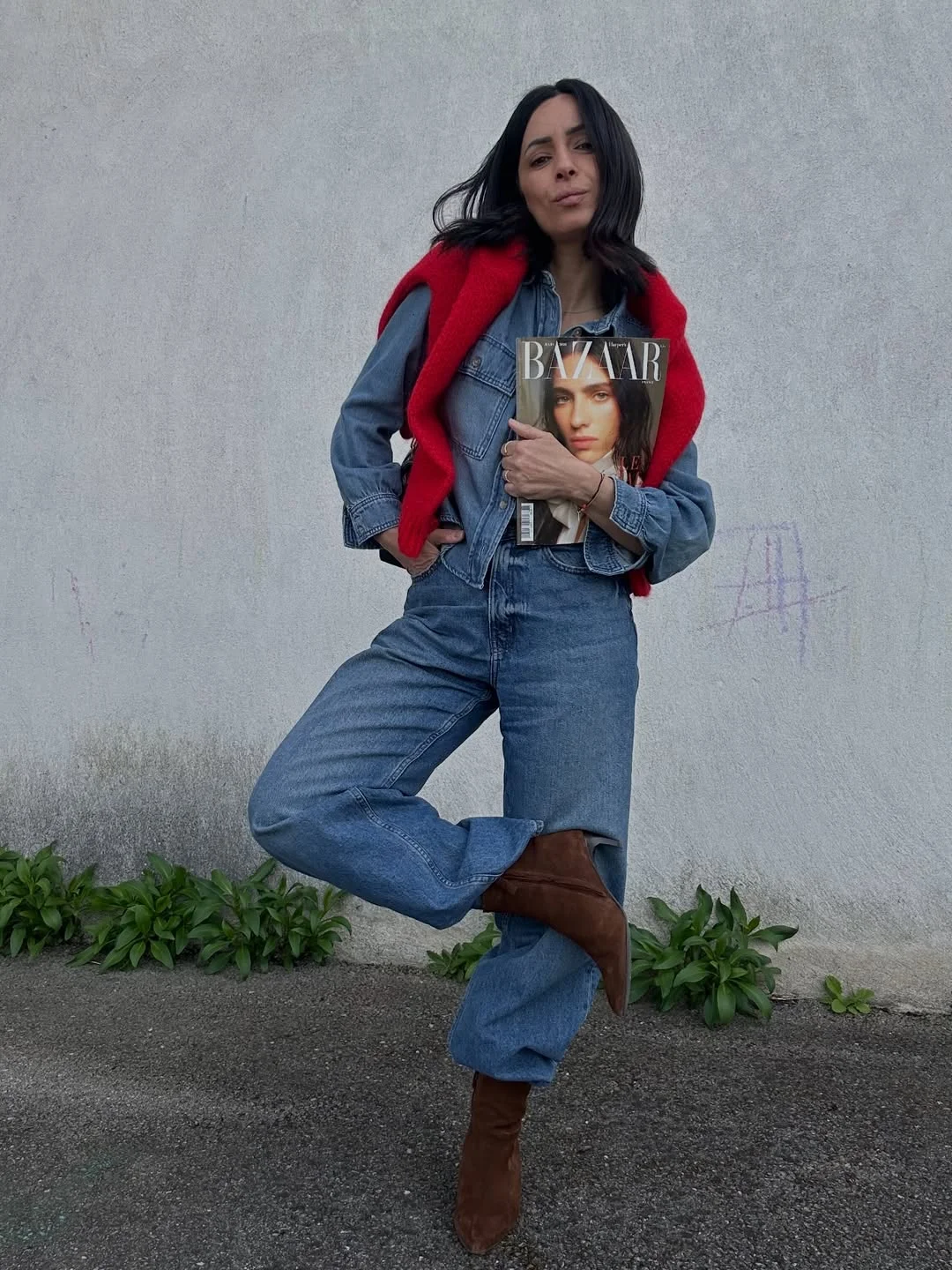 fall fashion for women over 40 Denim-on-Denim with a Bold Pop of Color