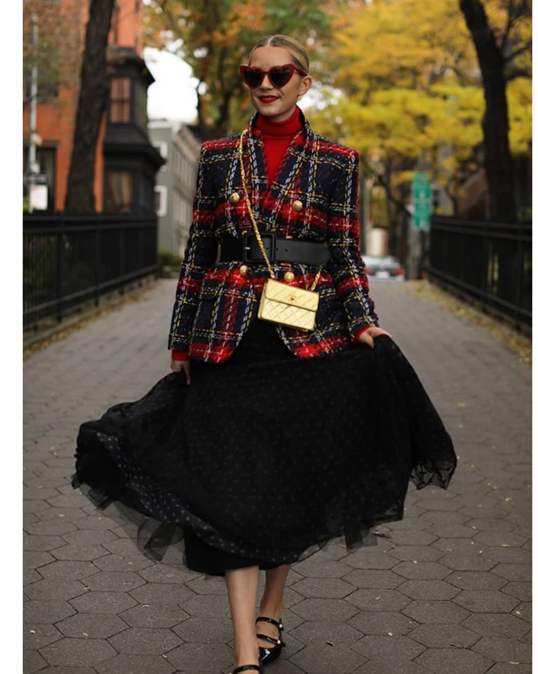 fall mom outfits 2026 Parisian Plaid With a Dramatic Midi Skirt