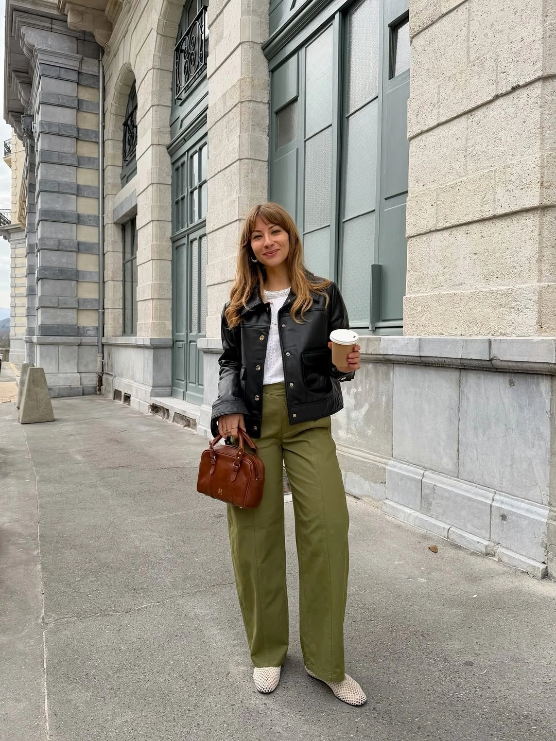 fall mom outfits 2026 Olive Trousers and Leather Jackets Never Go Out of Style