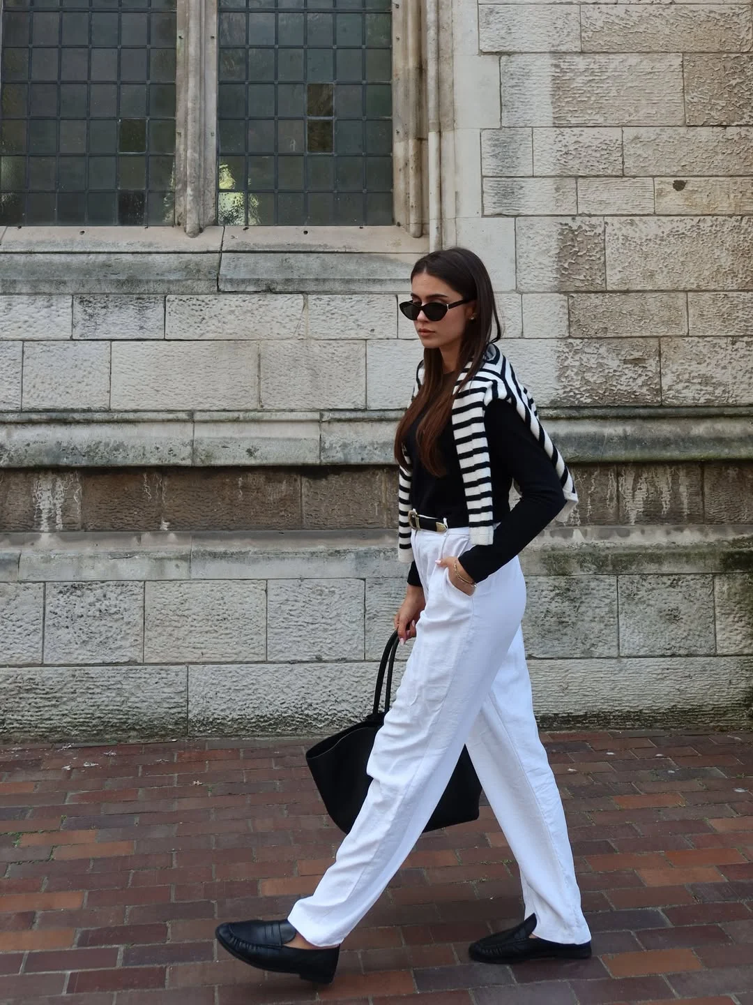 fall office outfits for women 2026 Parisian Stripes and Relaxed White Trousers