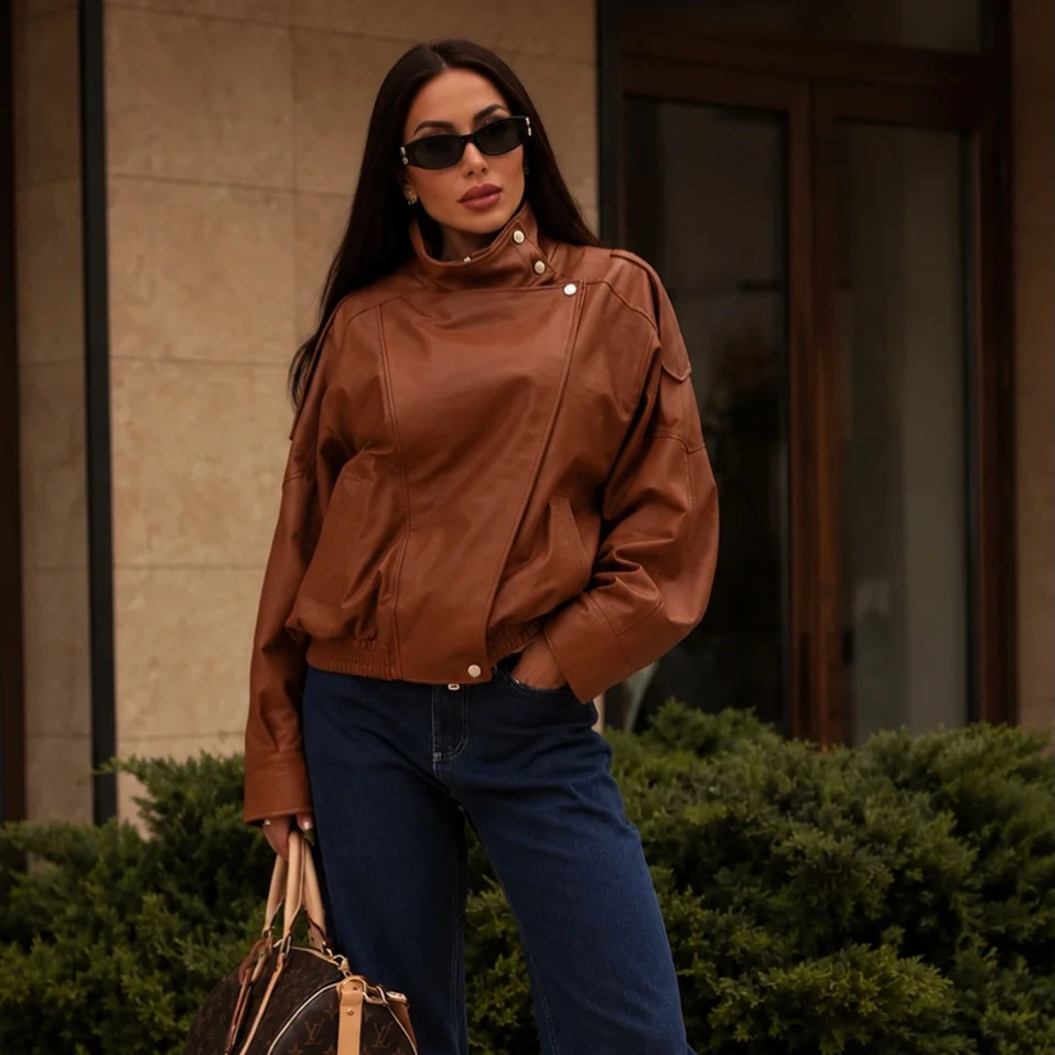 fall outfits for big busted women 2026 Rich Cognac Leather And Dark Denim For Everyday Confidence