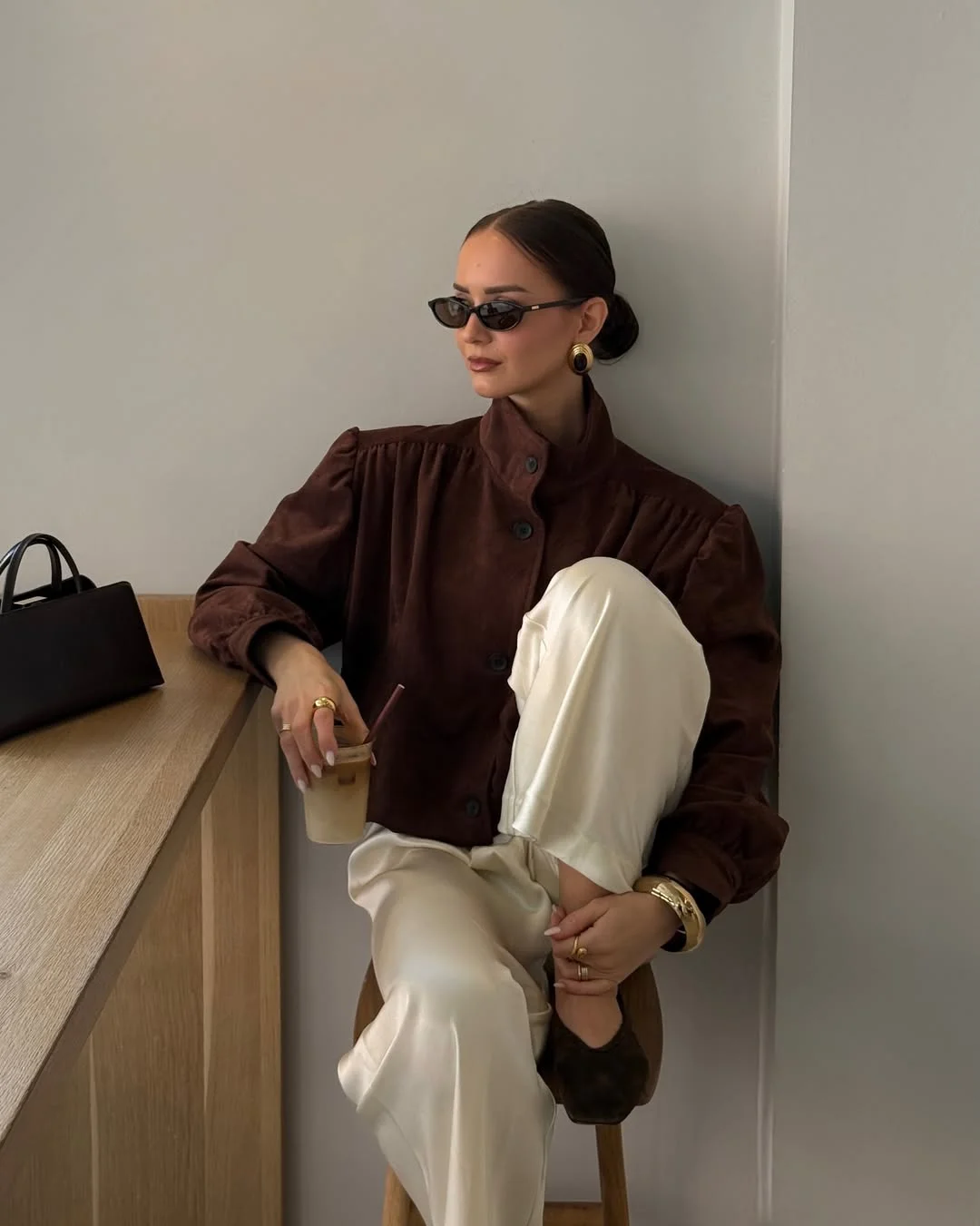 fall outfits for big busted women 2026 Elegant Espresso Blouse With Cream Trousers
