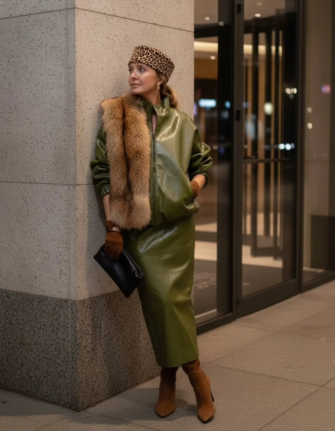 Fall outfits ideas 2026 Olive Leather And Faux Fur Styling With Vintage European Energy