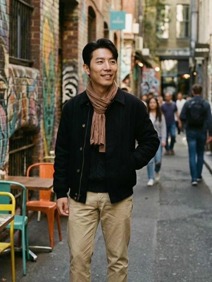 Fall outfits ideas for men 2026 Light Scarf Styling With Relaxed European Charm