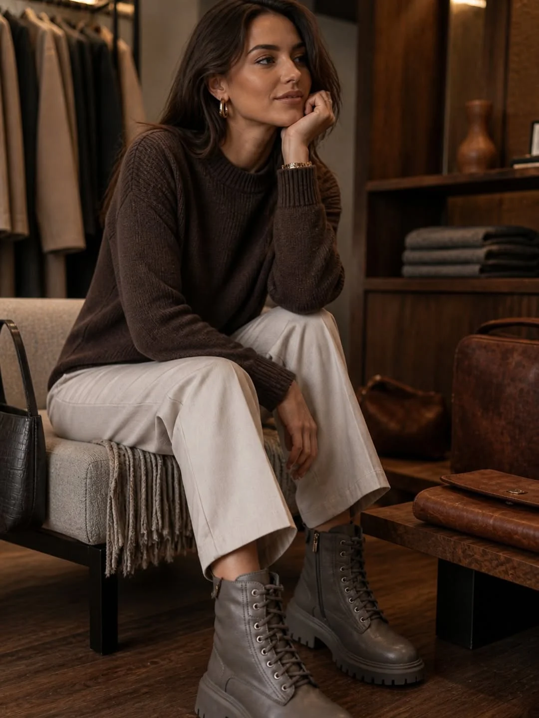 fall outfits with boots 2026 Cozy Knitwear and Lace-Up Boots for a Refined Autumn Palette