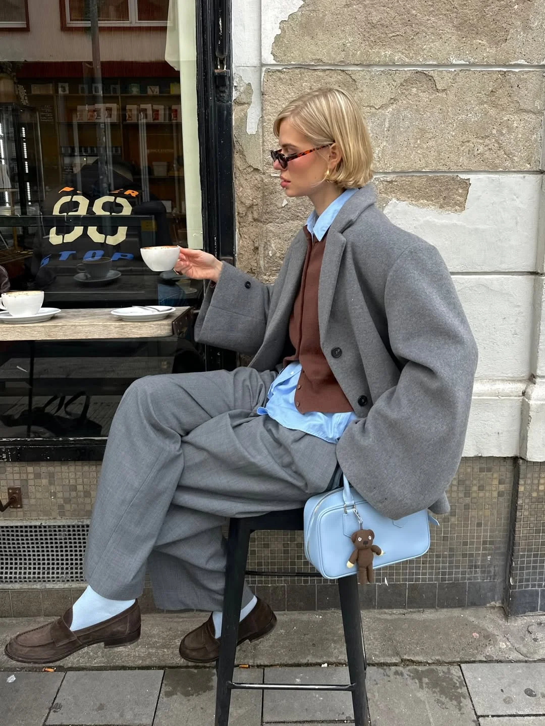 fall outfits with coat 2026 Grey Tailoring with Soft Blue Accents