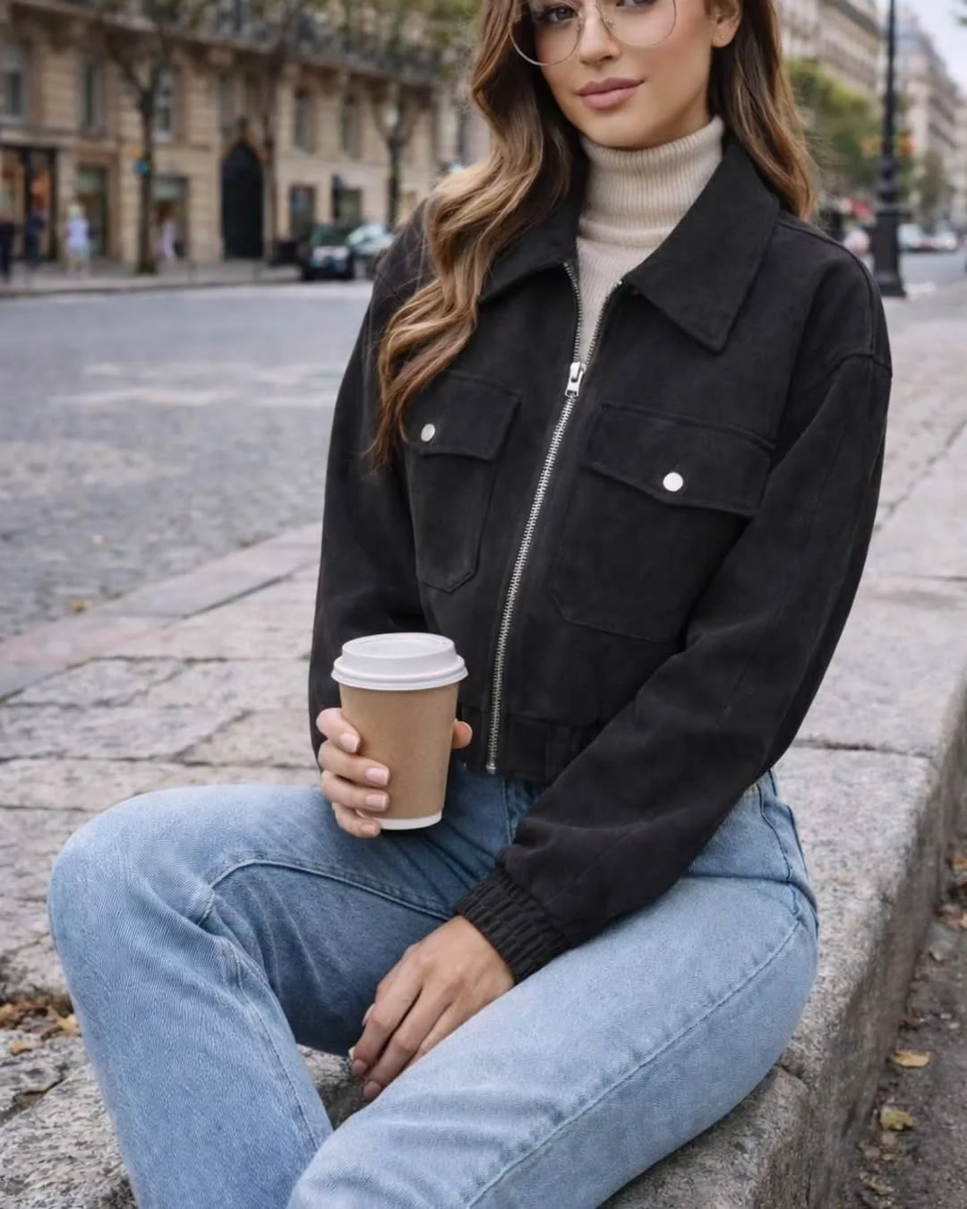 fall outfits with jeans 2026 Cropped Black Jacket and Light Denim for Everyday City Style