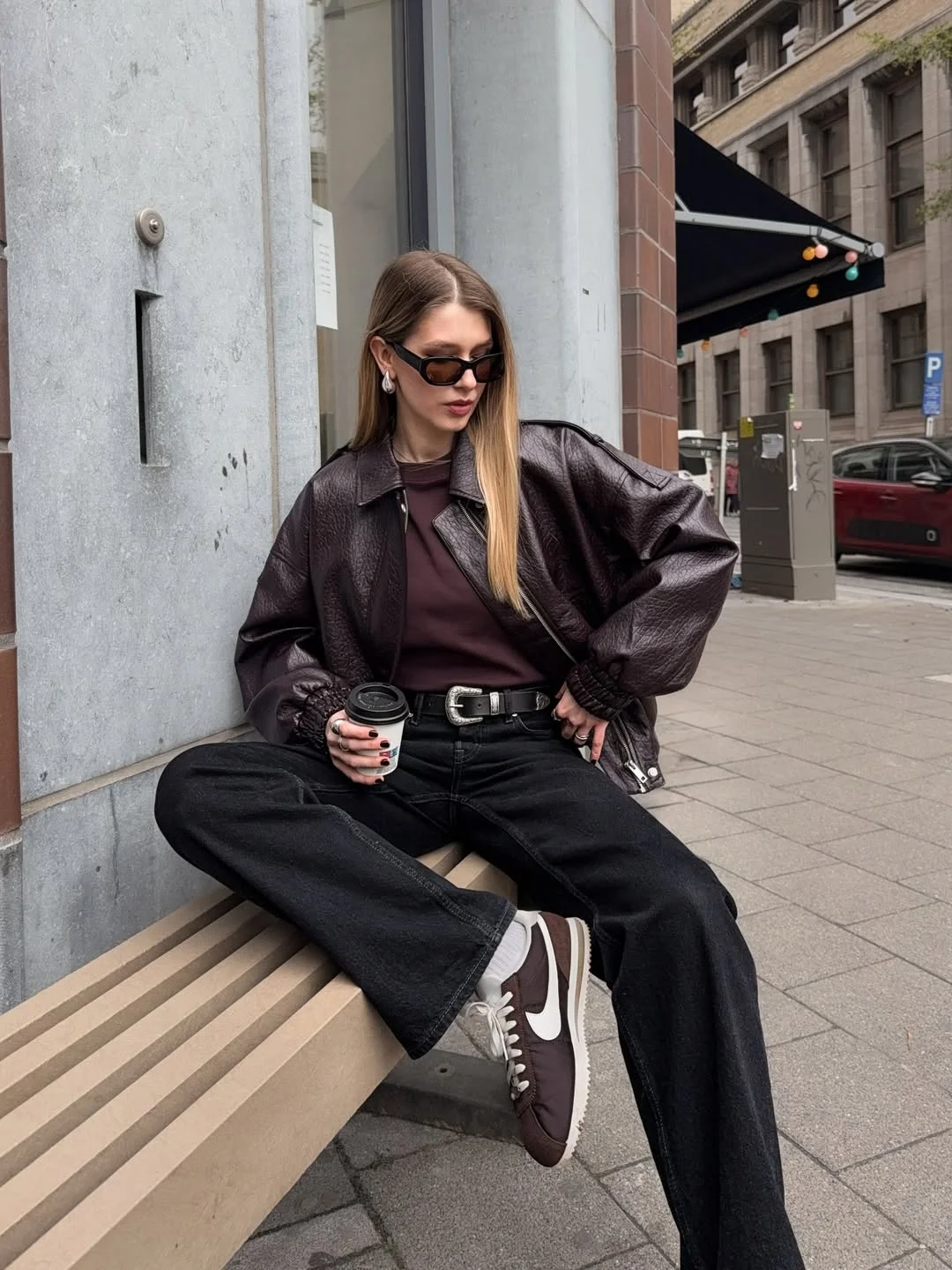 fall outfits with jeans 2026 Brown Leather Jacket and Black Jeans for Trendy Street Style