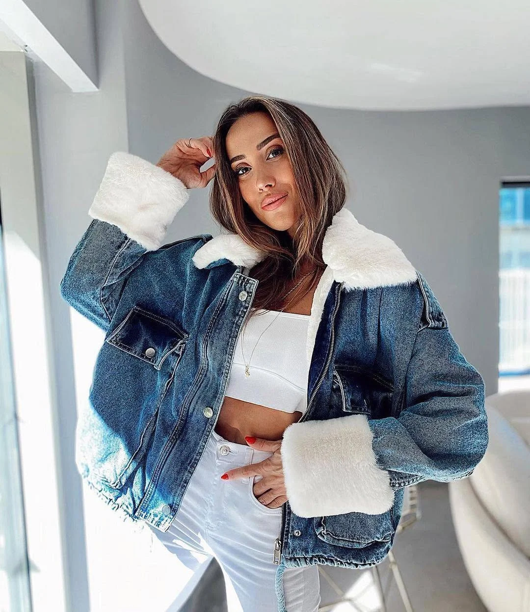 fall outfits with jeans jacket 2026 Faux Shearling Details for Chilly Fall Days