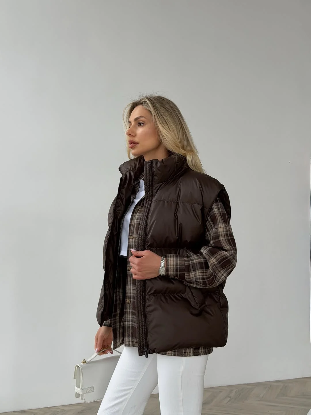 fall outfits with vests 2026 Chocolate Puffer Layers with a Soft Western Influence