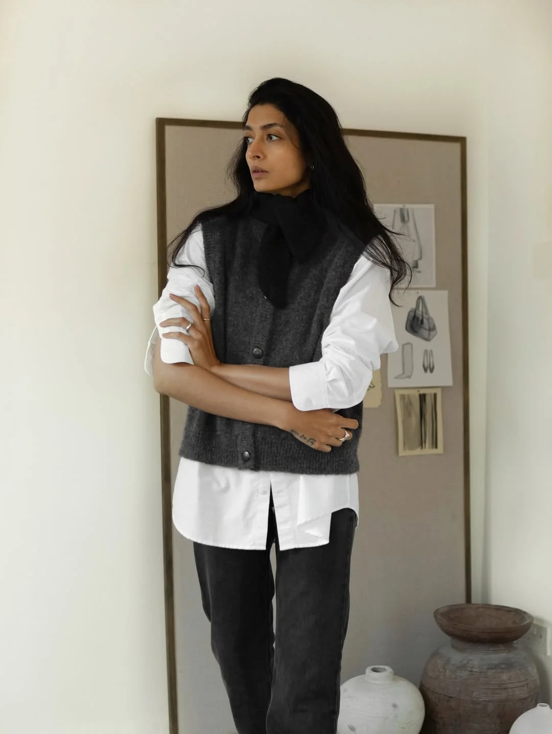 fall vest outfits for women 2026 Charcoal Knit Layers for Modern Minimalism